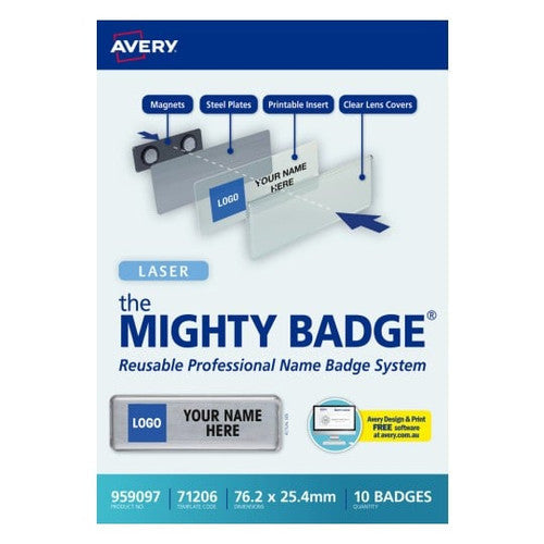 Avery Mighty Badge Silver Name Badge Kit 10 Badges