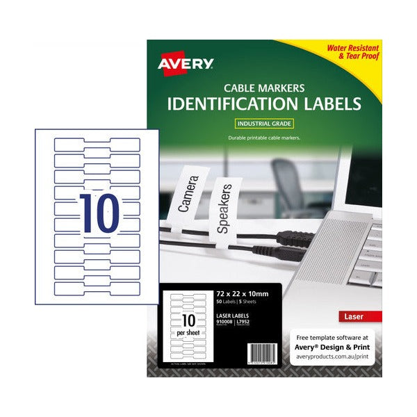 Avery Printable Cable Markers L7952 5 Pack 72 x 22mm Laser White