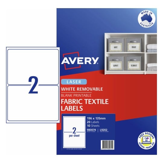 Avery Printable Fabric Textile Labels 196 x 135mm Pack