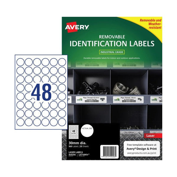 Avery Removable White Heavy Duty Labels L4716REV 30mm Diameter 48UP 960 Labels
