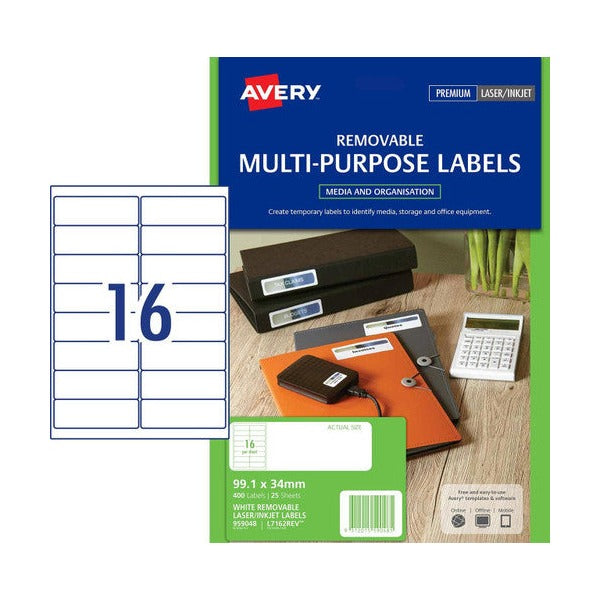 Avery Removable Multi-purpose Labels L7162 99.1 x 34mm 16UP Pack 400
