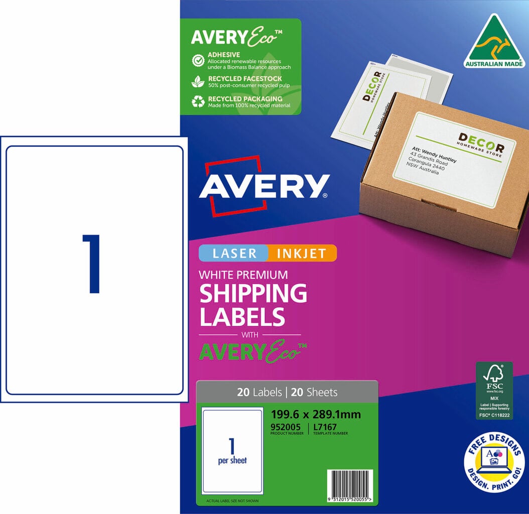 AveryEco Quick Peel Shipping Labels with Sure Feed L7167 20 Pack 199.6 x 289.1mm Laser White 1UP