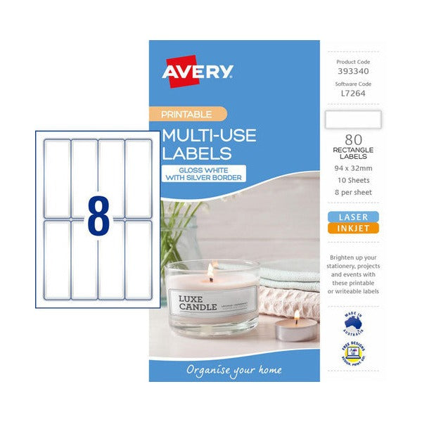 Avery Multi Use Labels With Silver Border 10 Pack 94x32mm Laser Inkjet 8UP