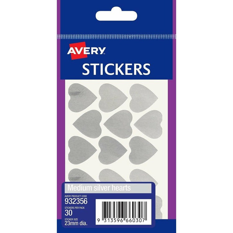 Avery Silver Medium Hearts Multi-Purpose Stickers 23mm Diameter 30 Pack