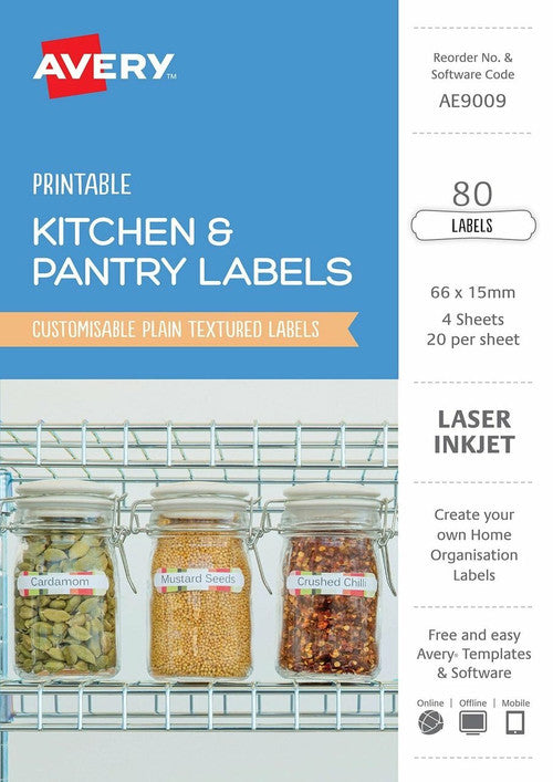 Avery Kitchen and Pantry Labels 66 x 15mm Assorted Shapes Permanent 80 Pack