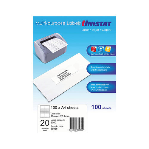 Unistat 38936 Multipurpose Labels 98 x 25.4mm 20UP 100 Sheets 2000 Labels