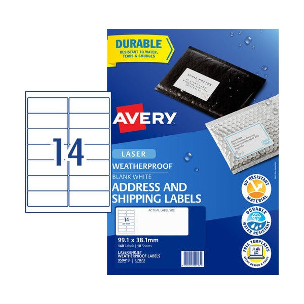 Avery Weatherproof Address Labels L7073 10 Pack 99.1 x 38.1mm Laser White
