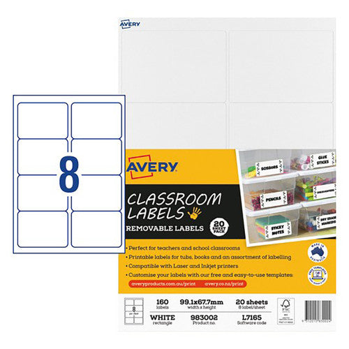 Avery Classroom Removable Labels L7165 99.1 x 67.7mm 160 Labels 20 Sheets