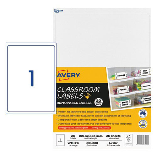 Avery Classroom Removable Labels L7167 199.6 x 289.1mm 20 Labels 20 Sheets