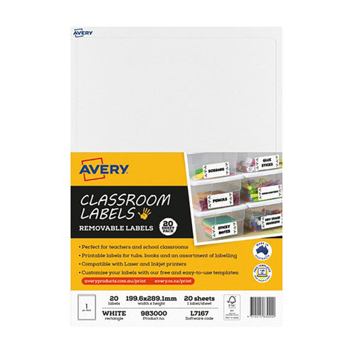 Avery Classroom Removable Labels L7167 199.6 x 289.1mm 20 Labels 20 Sheets