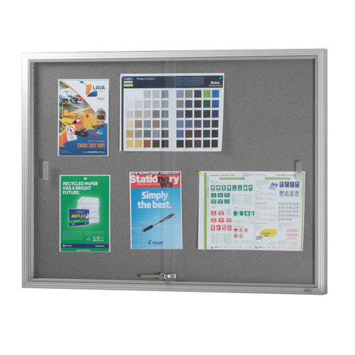 Visionchart BN-SGC-1290SL Be Noticed Sliding Door Notice Case Silver 2 Door Grey Fabric 1220 x 915mm
