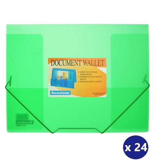 Beautone Document Wallet A4 Cool Frost Transparent Elastic Closure Green Box 24