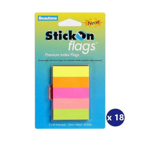 Beautone Stick On Flags 15mm x 50mm Neon Assorted Box of 18