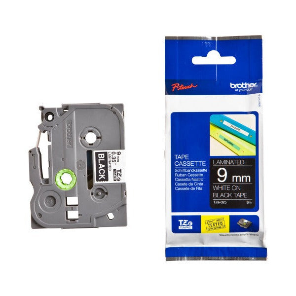 Brother TZe-325 Laminated Label Tape 9mm White on Black