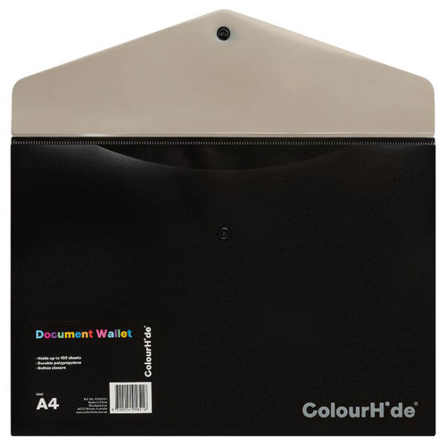 ColourHide PP Document Wallet Button Closure A4 Black Pack of 10