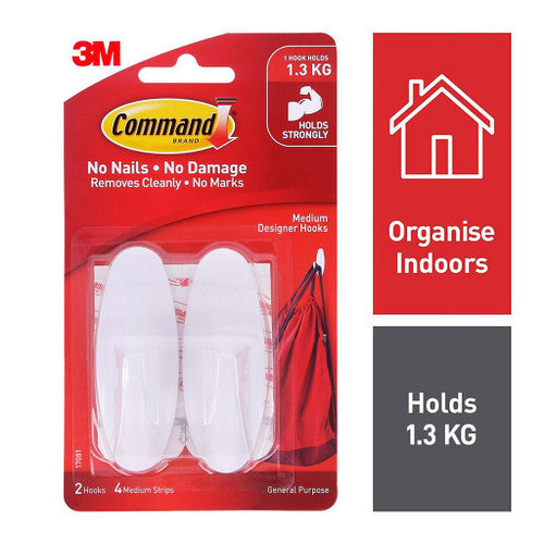 Command Designer Hooks Medium White 2 Pack (1.3kg)
