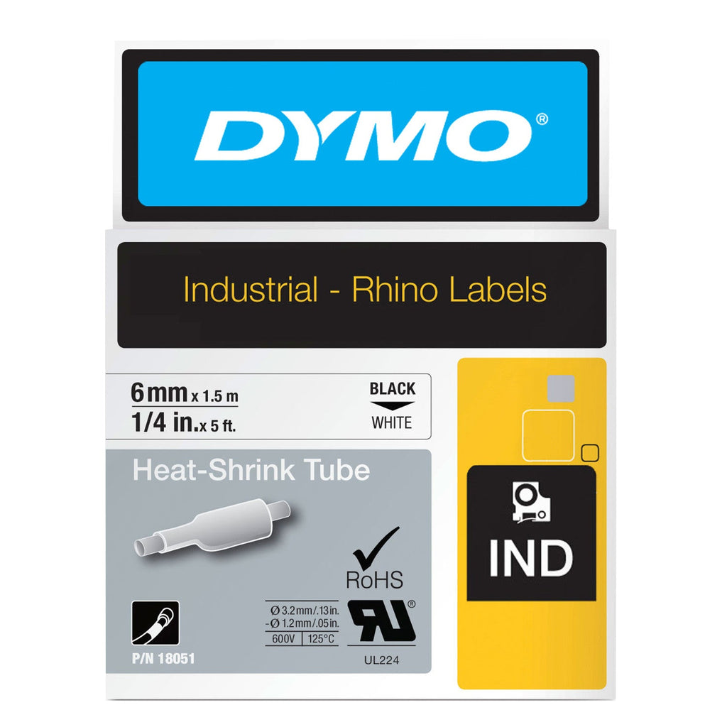 Dymo Rhino Heat Shrink Tube Label Tape 6mm x 1.5m Black on White