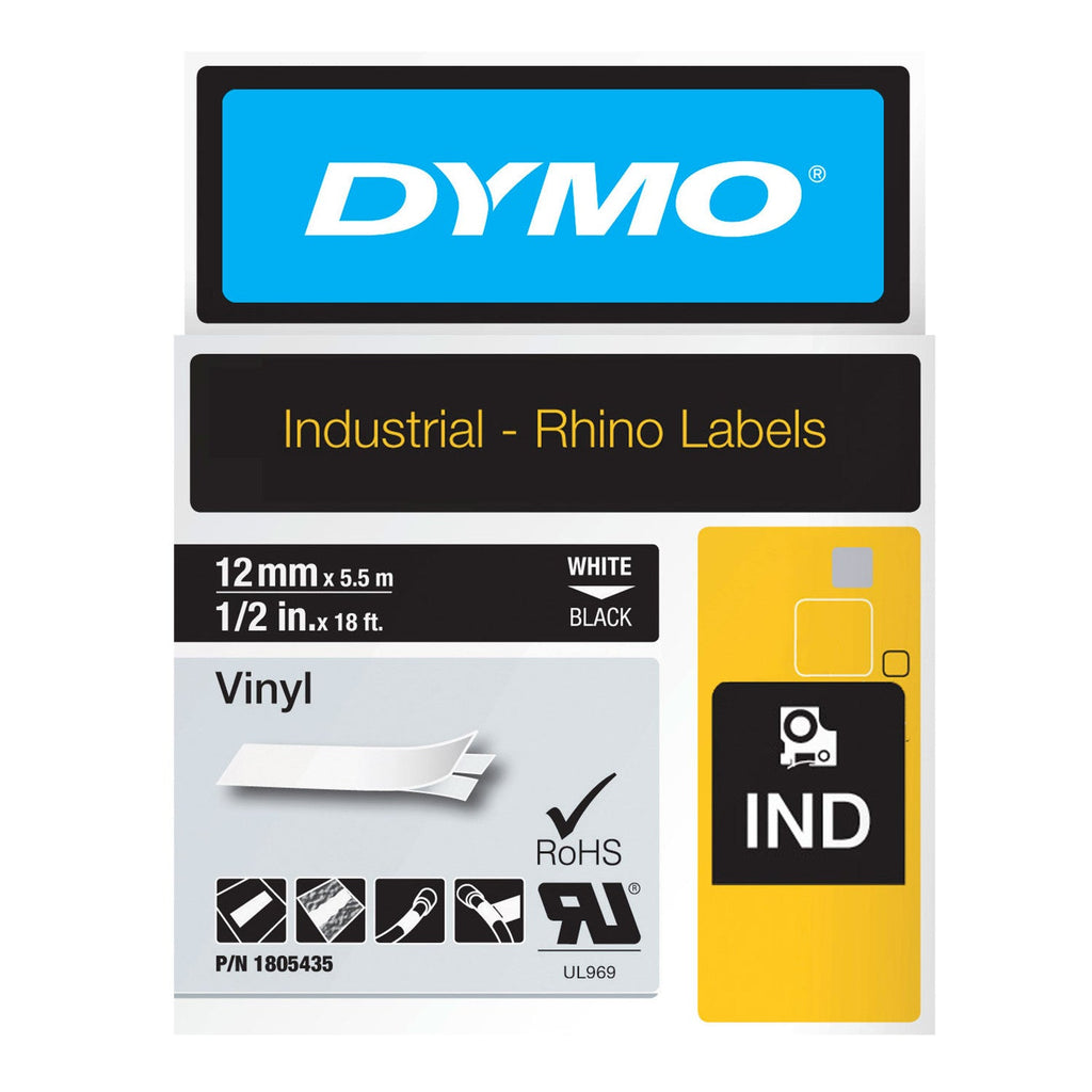 Dymo Rhino Vinyl Label Tape 12mm x 5.5m White on Black