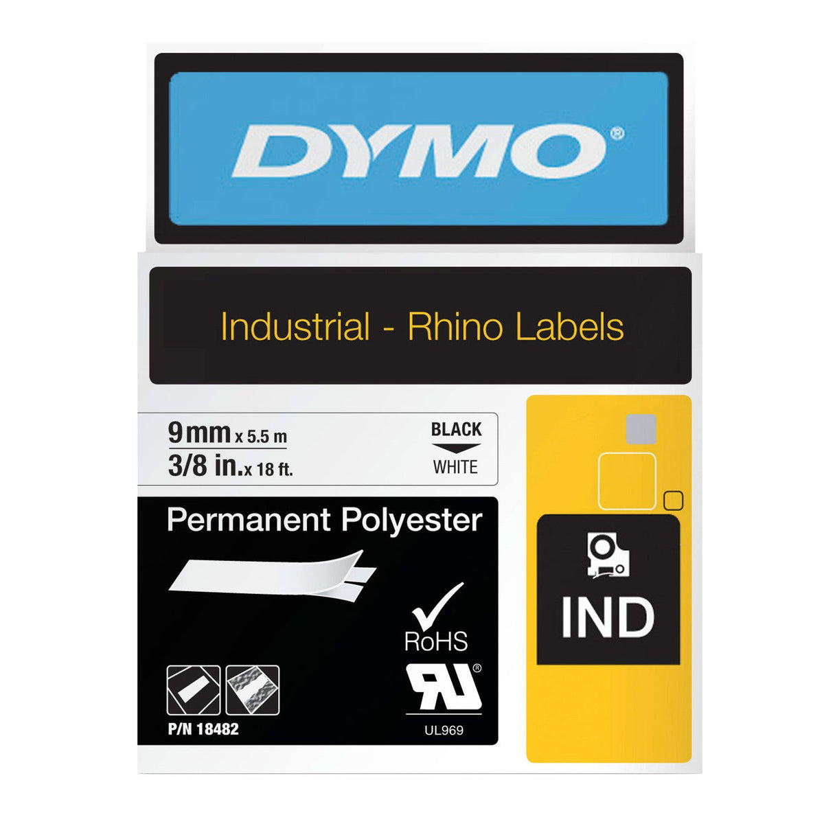 Dymo Rhino Permanent Polyester Label Tape 9mm x 5.5m Black on White