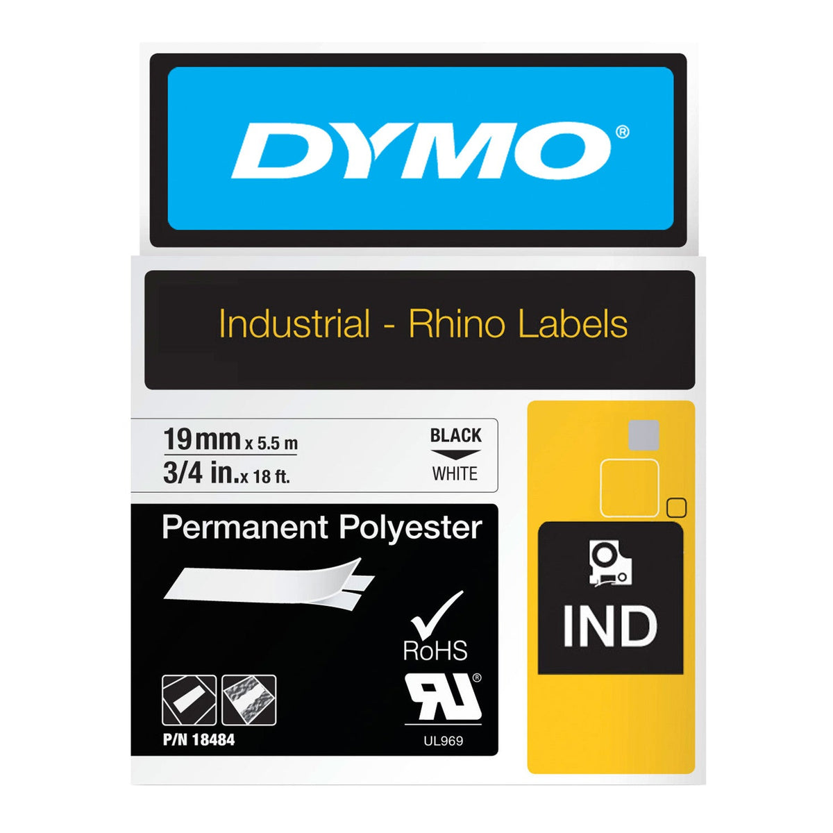 Dymo Rhino Permanent Polyester Label Tape 19mm x 5.5m Black on White