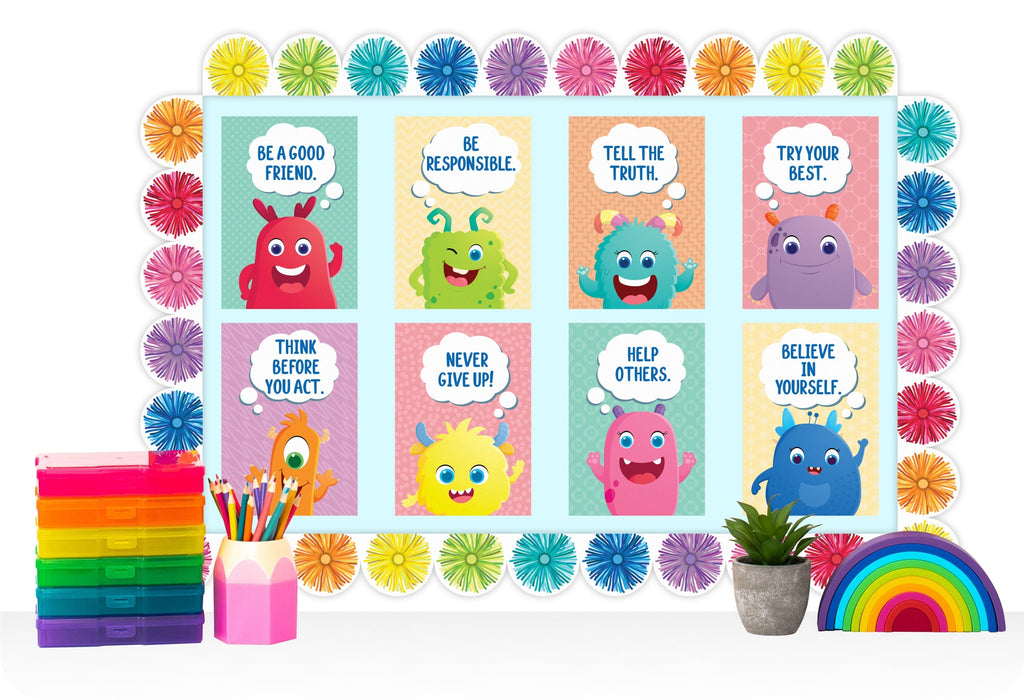 Learning Can Be Fun Giggle & Grow Rainbow Scalloped Pom Poms Classroom Border Pack of 12