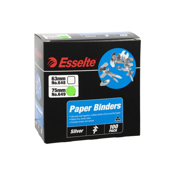 Esselte Paper Binders 75mm Silver Box 100