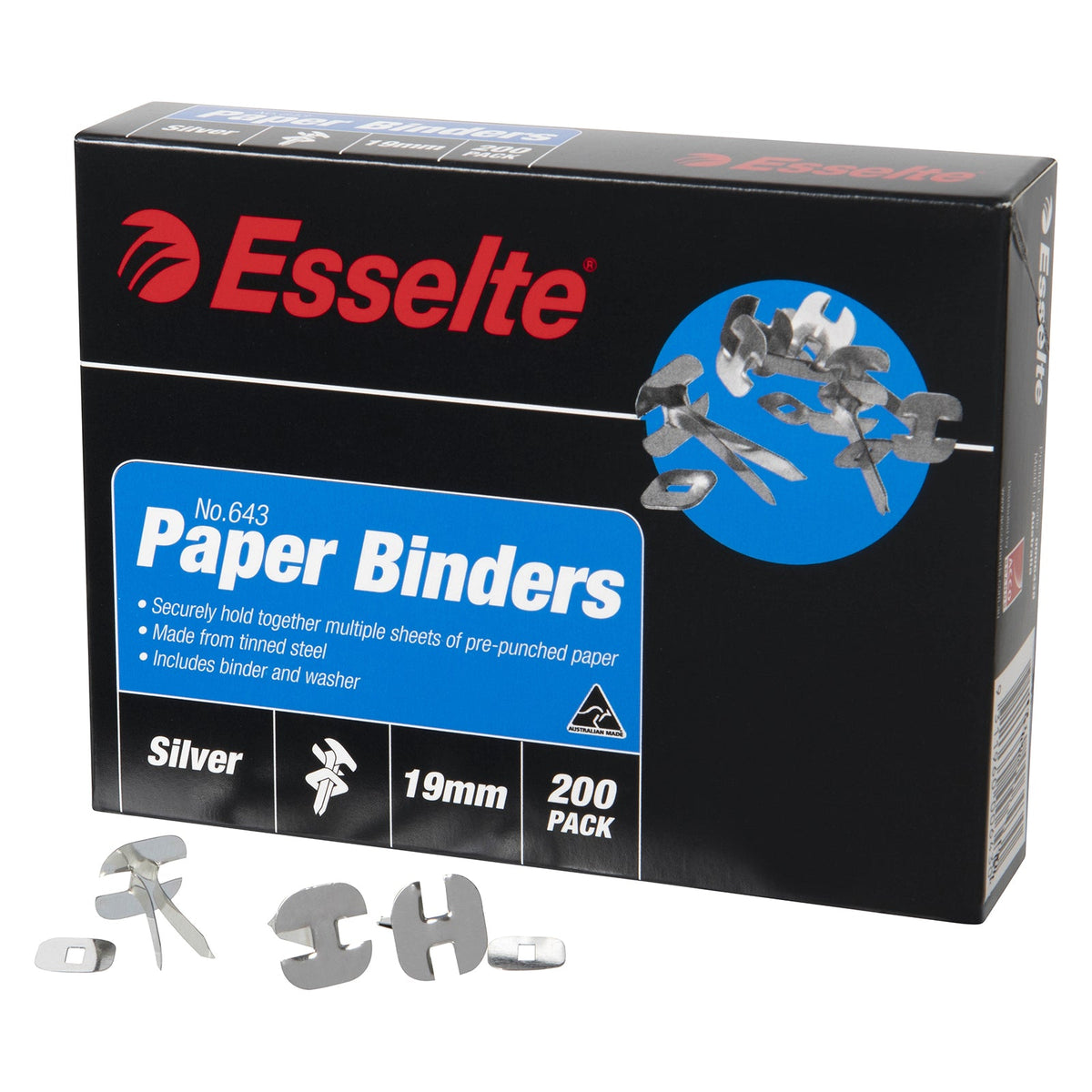 Esselte Paper Binders 19mm Silver Box 200