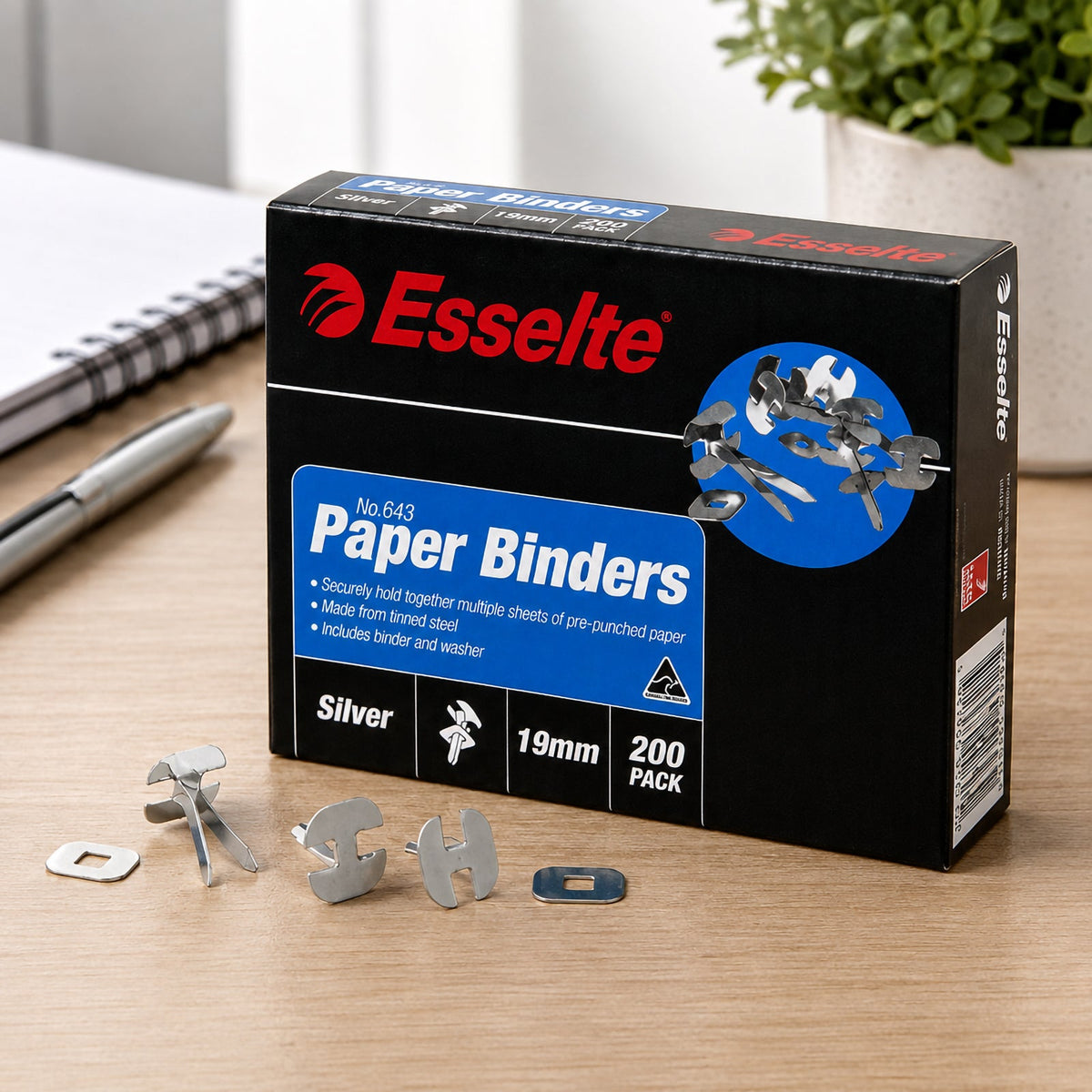 Esselte Paper Binders 19mm Silver Box 200