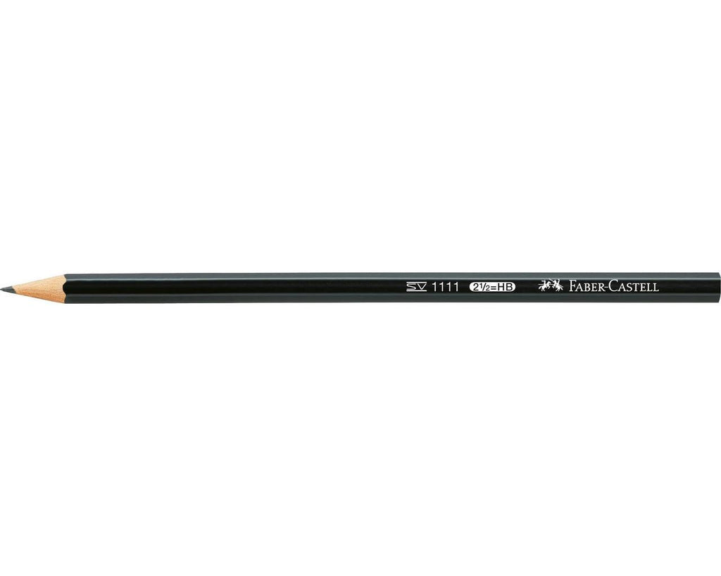 Faber-Castell 1111 graphite pencil lying horizontally showing the full black barrel, plain flat end with no eraser and the Faber-Castell knights logo