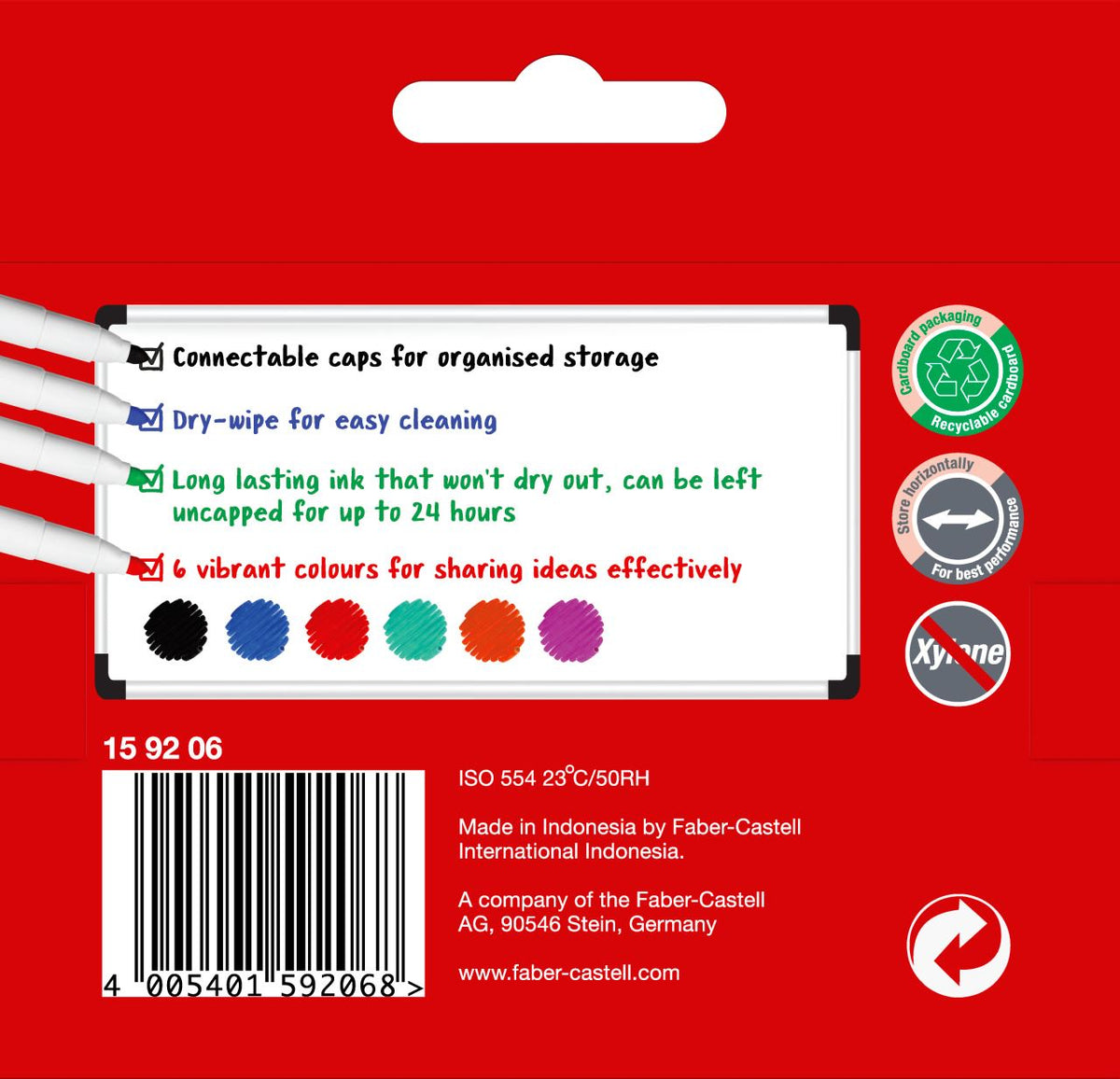 Back of the Faber-Castell 6 whiteboard markers wallet listing connectable caps, dry-wipe ink, 24 hour cap-off time, colour dots, barcode and made in Indonesia