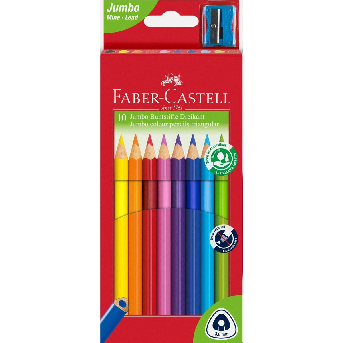 Faber-Castell Junior Triangular colour pencils pack of 10 in red box showing ten colour pencil tips, a blue sharpener at the top and 3.8mm lead icon