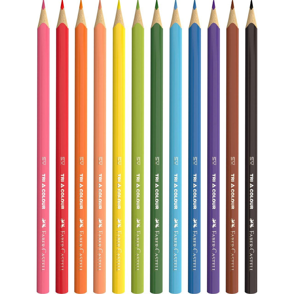 Twelve Faber-Castell Tri Colour triangular pencils standing in a row from pink, red and orange through greens and blues to brown and black, with SV print