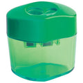 Faber-Castell Wave double hole pencil sharpener in green with a wave shaped lid, two sharpening holes and a translucent green shavings catch