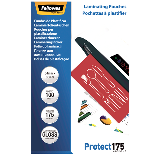 Fellowes Laminating Pouches 54x86mm 175mic Gloss Pack 100