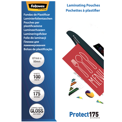 Fellowes Laminating Pouches 67x99mm 175mic Gloss Pack 100