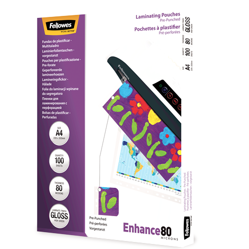 Fellowes Laminating Pouches A4 80mic Gloss Pre-Punched Pack 100