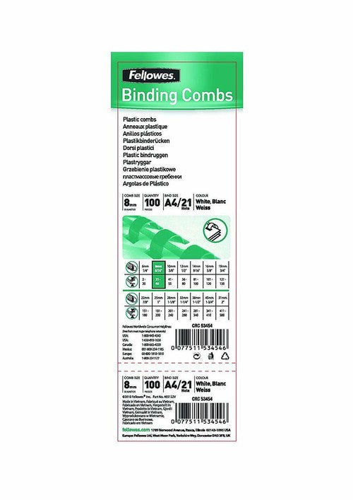 Fellowes Plastic Binding Combs 21 Ring 8mm Round White Pack 100