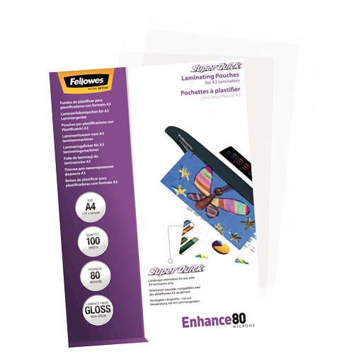 Fellowes SuperQuick Laminating Pouches A4 80mic Gloss Pack 100