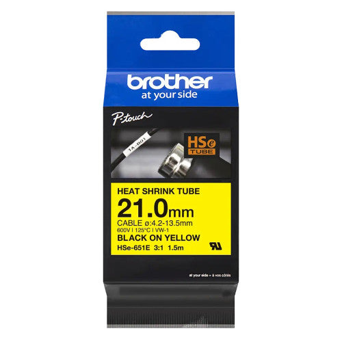 Brother HSe-651E Heat Shrink Tube Cassette 21mm x 1.5m Black on Yellow