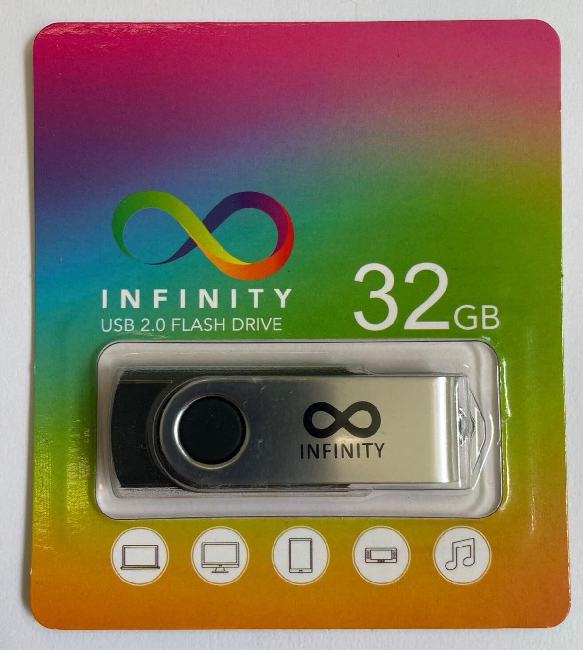 Infinity 32GB USB 2.0 flash drive in a rainbow gradient blister pack with the infinity logo, silver swivel cover over a black body and device icons