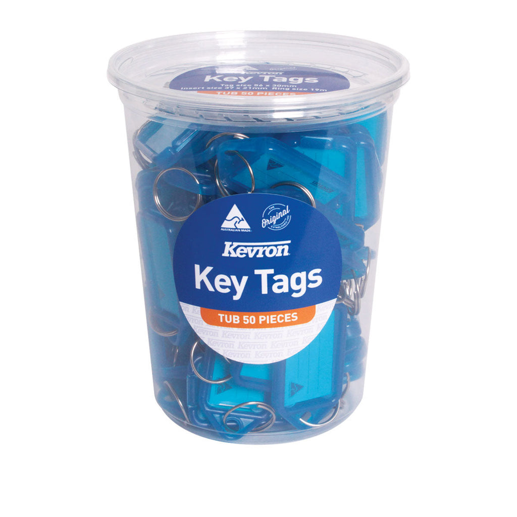 Kevron ID5 blue key tags in a lidded plastic tub with a Kevron Key Tags label reading Tub 50 Pieces and the Australian Made logo