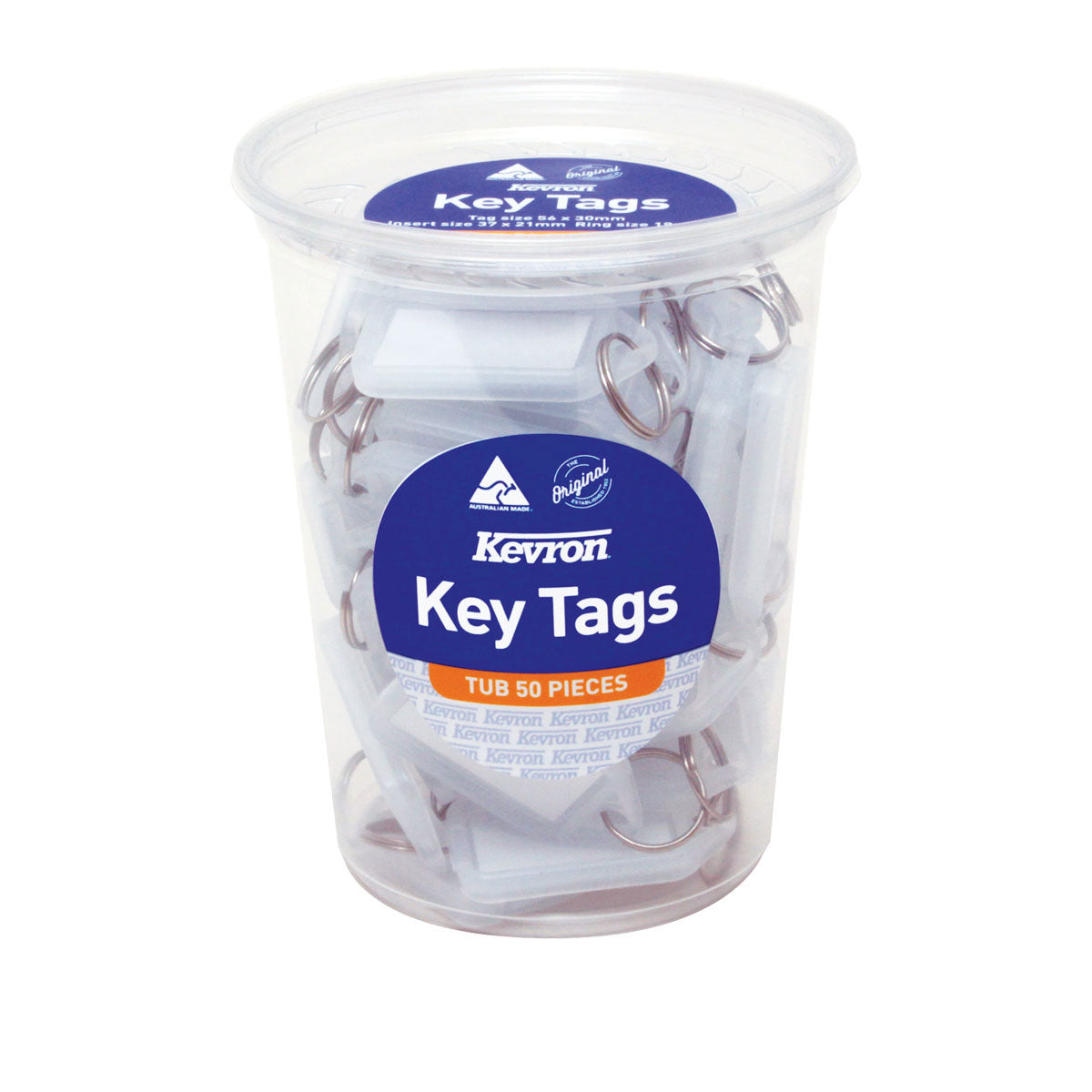 Kevron ID5 clear key tags in a lidded plastic tub with a Kevron Key Tags label reading Tub 50 Pieces and the Australian Made logo