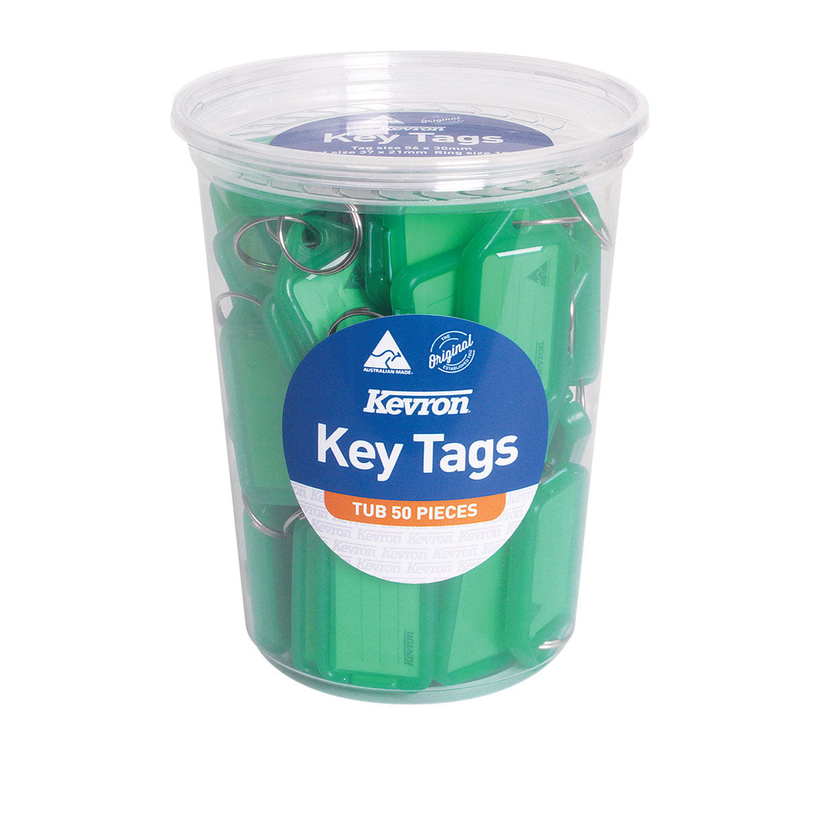 Kevron ID5 green key tags in a lidded plastic tub with a Kevron Key Tags label reading Tub 50 Pieces and the Australian Made logo