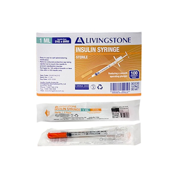 Livingstone Insulin Syringe 1mL 31G x 8mm Fixed Needle Box of 100
