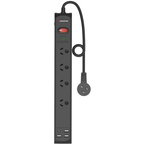Monster 4 Socket Surge Protector with USB-C and USB-A Ports Black
