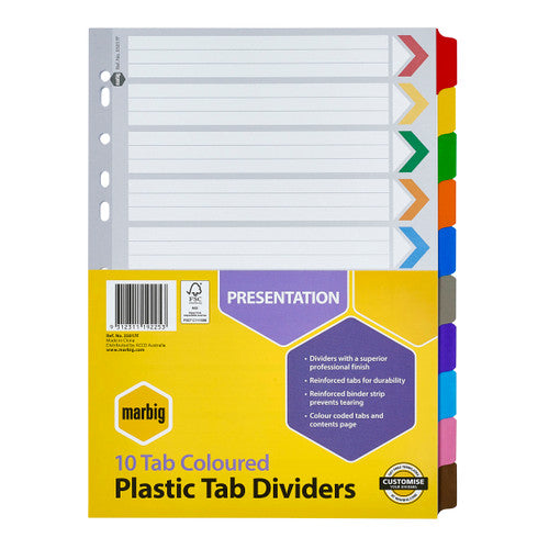 Marbig Indices and Dividers 10 Tab Reinforced A4 Multi Colour