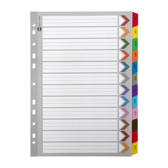 Marbig Indices and Dividers Jan-Dec Tab Reinforced A4 Multi Colour