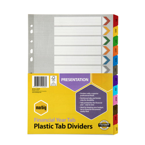 Marbig Indices and Dividers Financial Year Tab Reinforced A4 Multi Colour