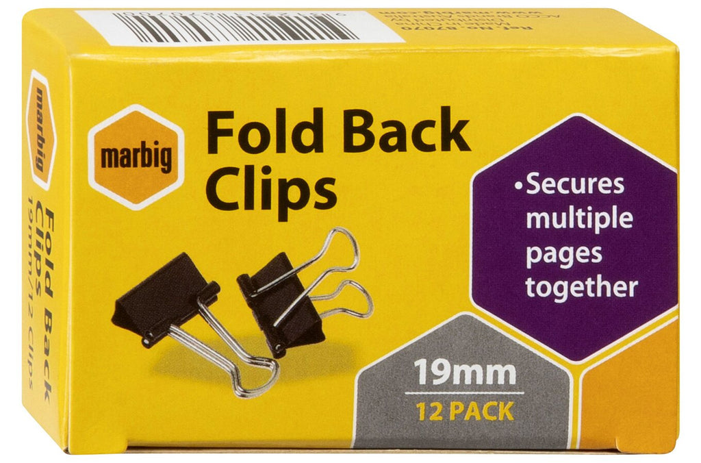 Marbig Fold Back Clips 19mm Black Box of 12