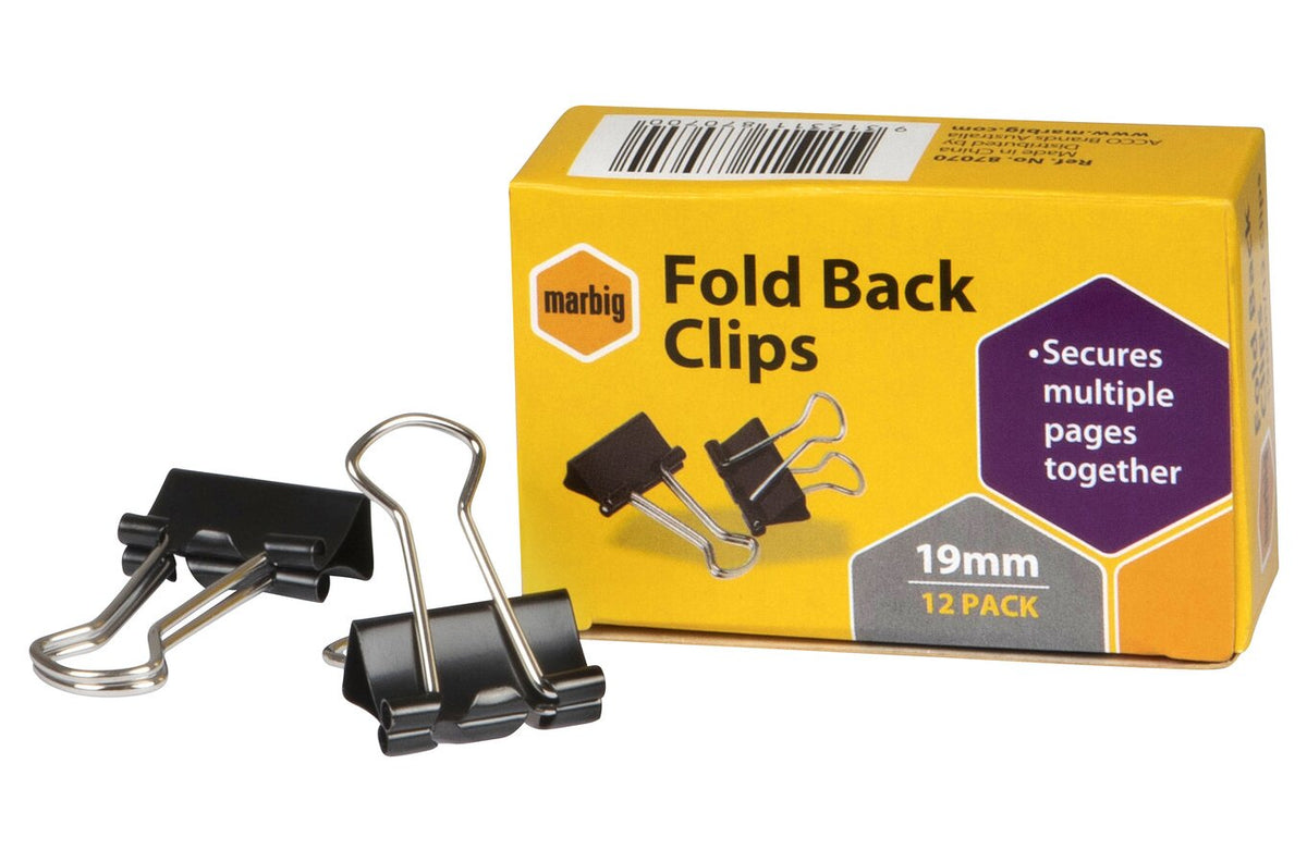 Marbig Fold Back Clips 19mm Black Box of 12